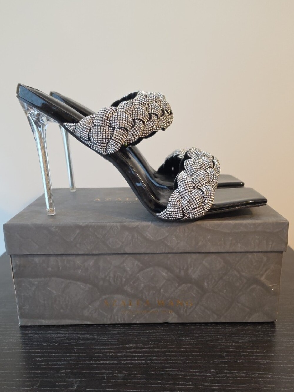 Azalea Wang Grace Black Braided Crystal Heeled Slides, 4.5" - Picture 4 of 9